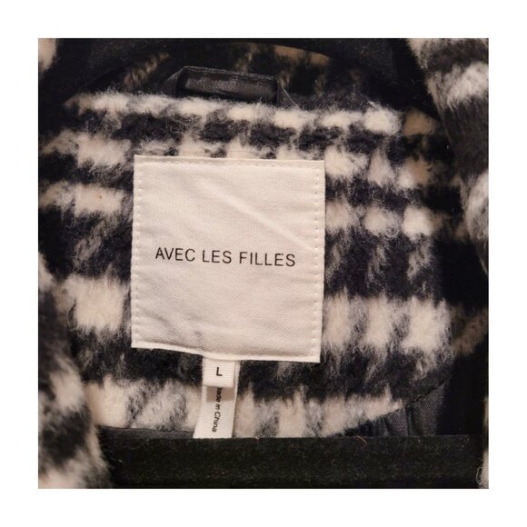 AVEC LES FILLES HOUNDSTOOTH PLAID OVERSIZED PEACOAT SIZE LARGE black & white L - Picture 7 of 12